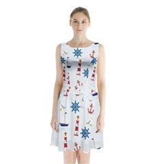 Seaside Nautical Themed Pattern Seamless Wallpaper Background Sleeveless Chiffon Waist Tie Dress by Simbadda