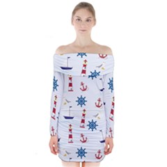 Seaside Nautical Themed Pattern Seamless Wallpaper Background Long Sleeve Off Shoulder Dress by Simbadda