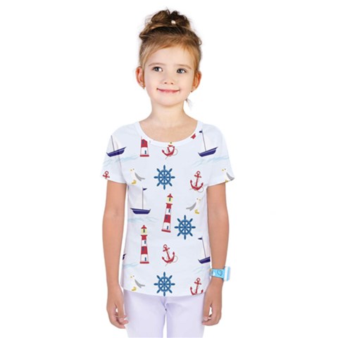 Seaside Nautical Themed Pattern Seamless Wallpaper Background Kids  One Piece Tee by Simbadda