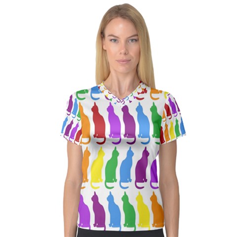 Rainbow Colorful Cats Wallpaper Pattern Women s V-neck Sport Mesh Tee by Simbadda