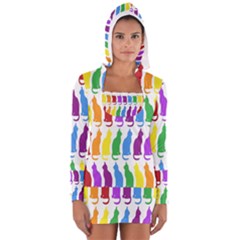 Rainbow Colorful Cats Wallpaper Pattern Women s Long Sleeve Hooded T-shirt by Simbadda