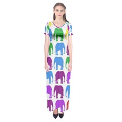 Rainbow Colors Bright Colorful Elephants Wallpaper Background Short Sleeve Maxi Dress by Simbadda