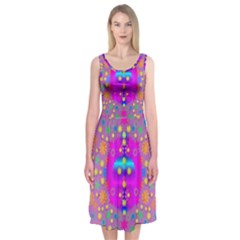 Colors And Wonderful Flowers On A Meadow Midi Sleeveless Dress by pepitasart