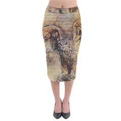 Vintage Owl Velvet Midi Pencil Skirt