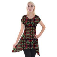 Asian Ornate Patchwork Pattern Short Sleeve Side Drop Tunic