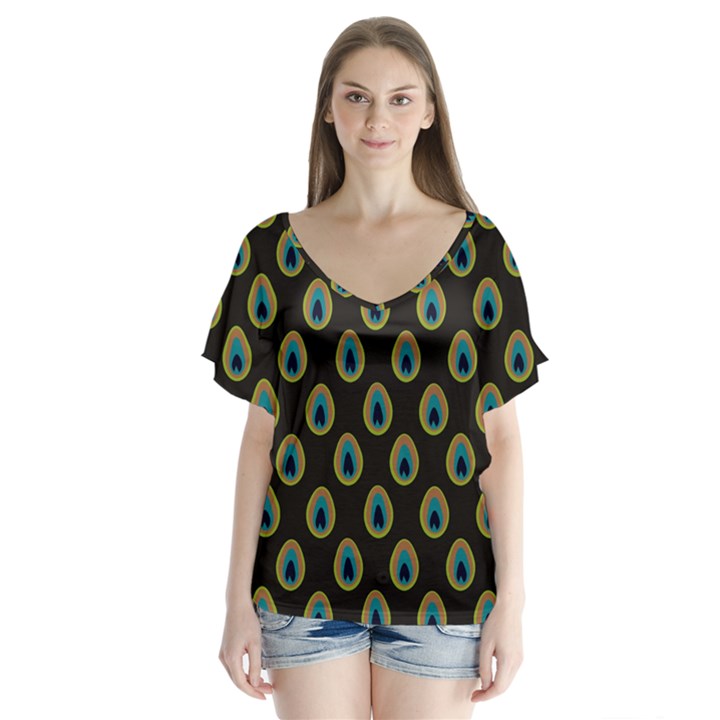 Peacock Inspired Background Flutter Sleeve Top