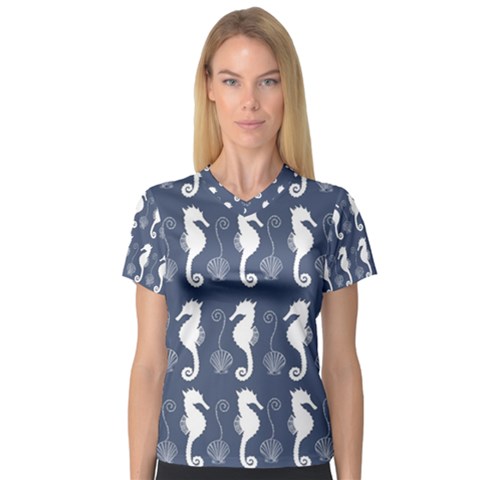 Seahorse And Shell Pattern Women s V-neck Sport Mesh Tee by Simbadda