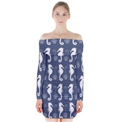 Seahorse And Shell Pattern Long Sleeve Off Shoulder Dress by Simbadda