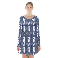 Seahorse And Shell Pattern Long Sleeve Velvet V-neck Dress by Simbadda