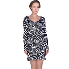 Digitally Created Peacock Feather Pattern In Black And White Long Sleeve Nightdress by Simbadda