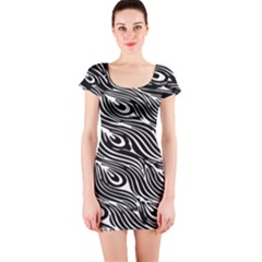 Digitally Created Peacock Feather Pattern In Black And White Short Sleeve Bodycon Dress by Simbadda