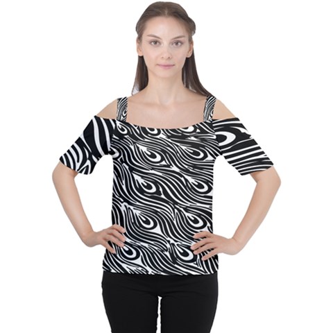 Digitally Created Peacock Feather Pattern In Black And White Women s Cutout Shoulder Tee by Simbadda