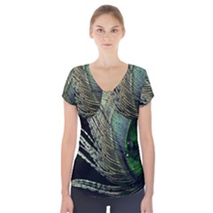 Feather Peacock Drops Green Short Sleeve Front Detail Top by Simbadda