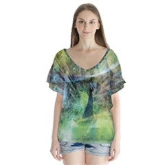 Digitally Painted Abstract Style Watercolour Painting Of A Peacock Flutter Sleeve Top