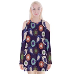 Cute Birds Pattern Velvet Long Sleeve Shoulder Cutout Dress