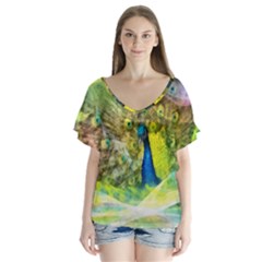 Peacock Digital Painting Flutter Sleeve Top