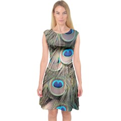 Colorful Peacock Feathers Background Capsleeve Midi Dress by Simbadda