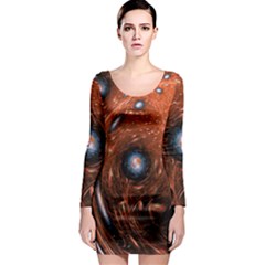 Fractal Peacock World Background Long Sleeve Bodycon Dress by Simbadda