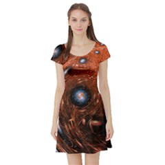 Fractal Peacock World Background Short Sleeve Skater Dress by Simbadda