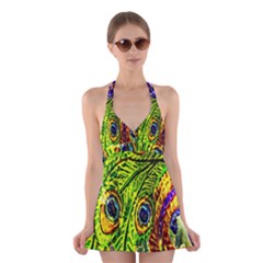 Glass Tile Peacock Feathers Halter Swimsuit Dress by Simbadda