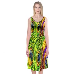 Glass Tile Peacock Feathers Midi Sleeveless Dress by Simbadda