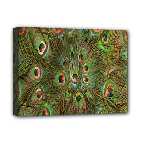 Peacock Feathers Green Background Deluxe Canvas 16  X 12   by Simbadda