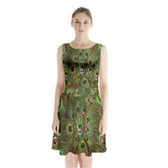 Peacock Feathers Green Background Sleeveless Chiffon Waist Tie Dress by Simbadda