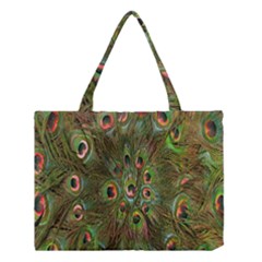 Peacock Feathers Green Background Medium Tote Bag by Simbadda