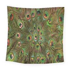 Peacock Feathers Green Background Square Tapestry (large)