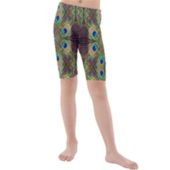 Beautiful Peacock Feathers Seamless Abstract Wallpaper Background Kids  Mid Length Swim Shorts by Simbadda