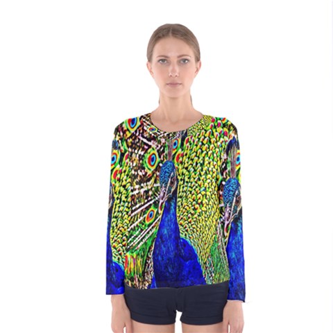 Graphic Painting Of A Peacock Women s Long Sleeve Tee by Simbadda