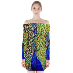 Graphic Painting Of A Peacock Long Sleeve Off Shoulder Dress by Simbadda