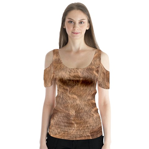 Brown Seamless Animal Fur Pattern Butterfly Sleeve Cutout Tee  by Simbadda