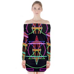 Drawing Of A Color Mandala On Black Long Sleeve Off Shoulder Dress by Simbadda