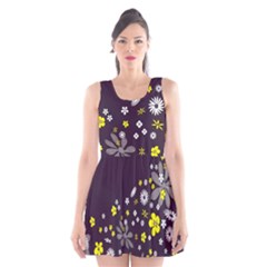 Vintage Retro Floral Flowers Wallpaper Pattern Background Scoop Neck Skater Dress by Simbadda