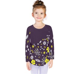 Vintage Retro Floral Flowers Wallpaper Pattern Background Kids  Long Sleeve Tee