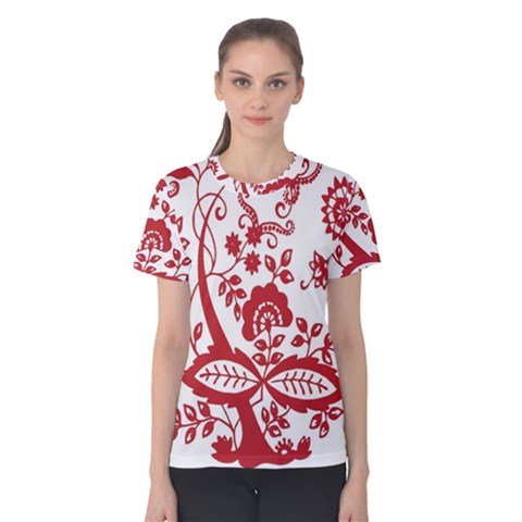 Red Vintage Floral Flowers Decorative Pattern Clipart Women s Cotton Tee by Simbadda