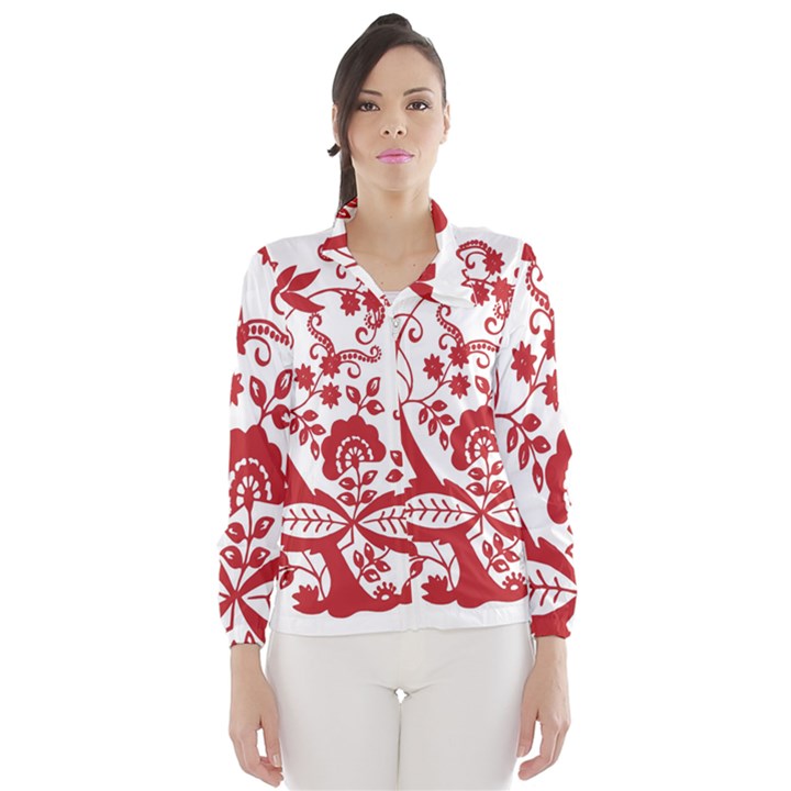 Red Vintage Floral Flowers Decorative Pattern Clipart Wind Breaker (Women)