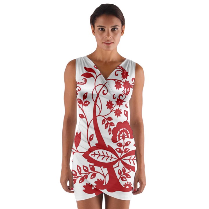 Red Vintage Floral Flowers Decorative Pattern Clipart Wrap Front Bodycon Dress