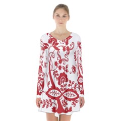 Red Vintage Floral Flowers Decorative Pattern Clipart Long Sleeve Velvet V-neck Dress