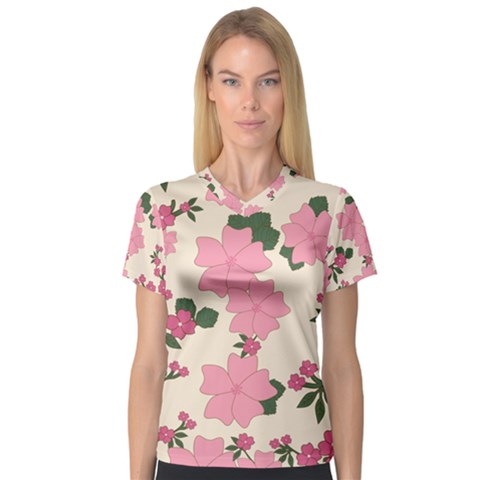 Vintage Floral Wallpaper Background In Shades Of Pink Women s V-neck Sport Mesh Tee by Simbadda