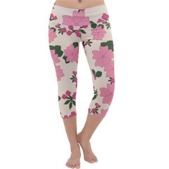 Vintage Floral Wallpaper Background In Shades Of Pink Capri Yoga Leggings by Simbadda