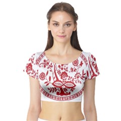 Red Vintage Floral Flowers Decorative Pattern Short Sleeve Crop Top (tight Fit) by Simbadda