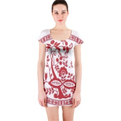 Red Vintage Floral Flowers Decorative Pattern Short Sleeve Bodycon Dress by Simbadda