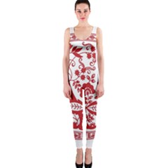 Red Vintage Floral Flowers Decorative Pattern Onepiece Catsuit by Simbadda