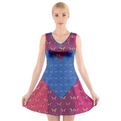 Butterfly Heart Pattern V-neck Sleeveless Skater Dress