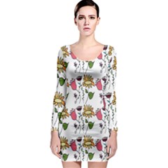 Handmade Pattern With Crazy Flowers Long Sleeve Bodycon Dress