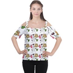 Handmade Pattern With Crazy Flowers Women s Cutout Shoulder Tee