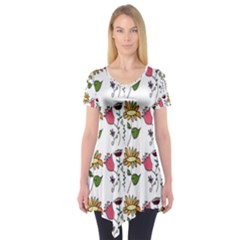 Handmade Pattern With Crazy Flowers Short Sleeve Tunic  by Simbadda