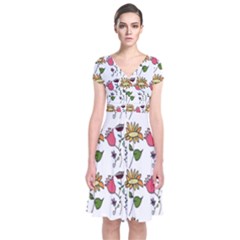 Handmade Pattern With Crazy Flowers Short Sleeve Front Wrap Dress